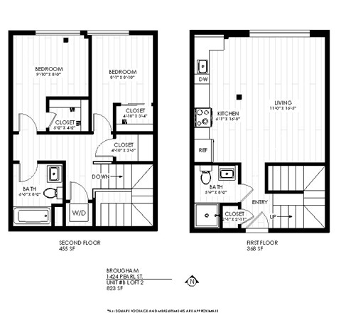 Floor plan for 2 beds, 2 baths, 825 sqft